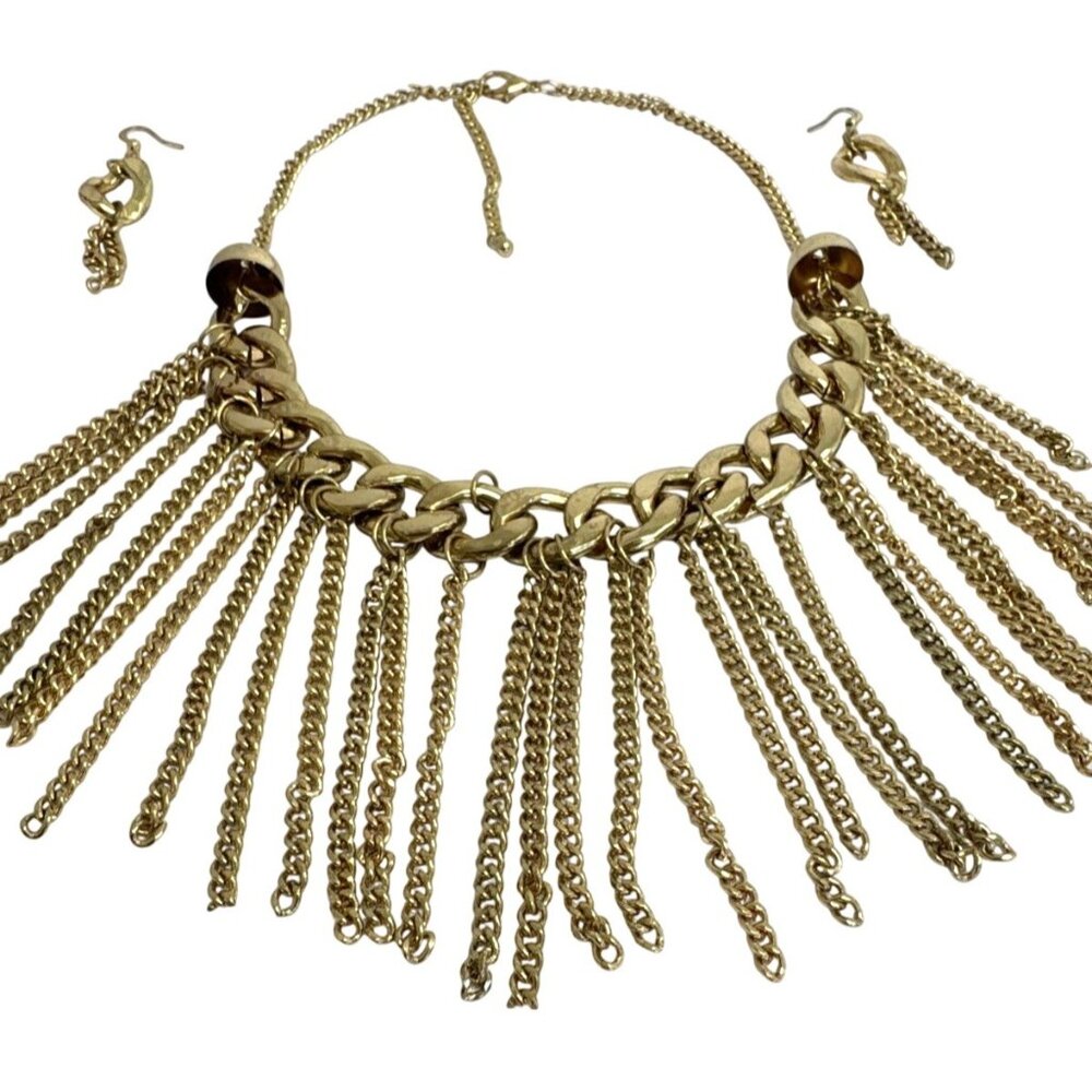 Vintage Gold Tone Fringe Necklace & Earring Set - Picture 2 of 7